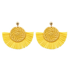 Yellow Wicker Woven Round Coin and Fringe Earrings