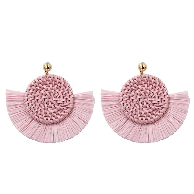 Light Pink Wicker Woven Round Coin and Fringe Earrings