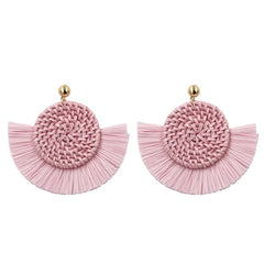 Light Pink Wicker Woven Round Coin and Fringe Earrings