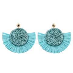 Light Blue Wicker Woven Round Coin and Fringe Earrings