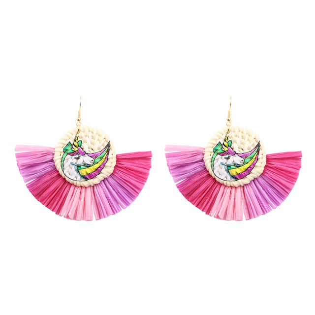 Cream and Bright Pink Unicorn Wicker Hoop Fringe Earrings