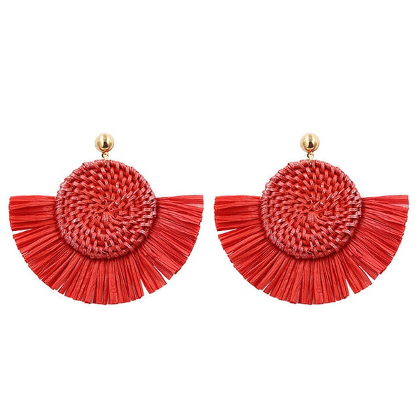 Red Woven Wicker Fringe Earrings