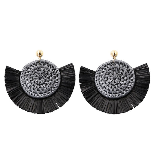 Grey and Black Woven Wicker Fringe Earrings