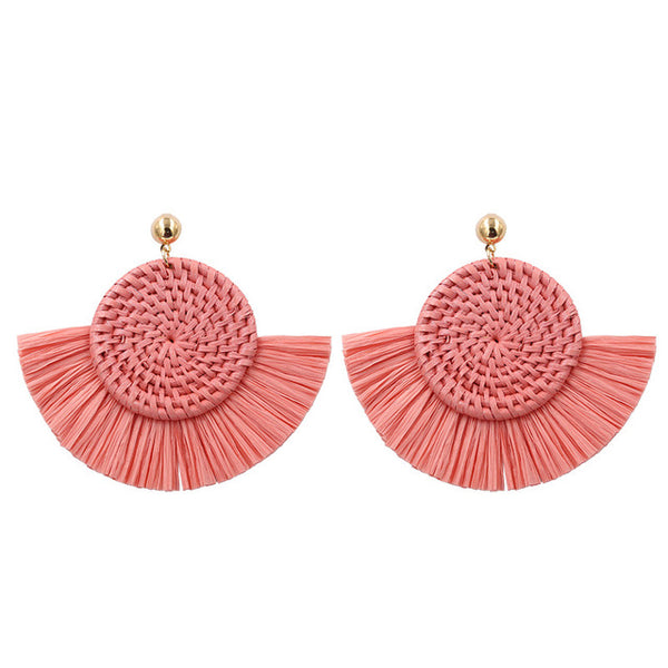 Pink Woven Wicker Fringe Earrings