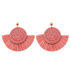 Pink Woven Wicker Fringe Earrings