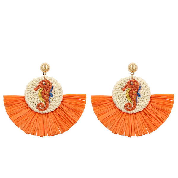 Orange Seahorse Wicker Woven Fringe Earrings