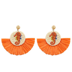 Orange Seahorse Wicker Woven Fringe Earrings