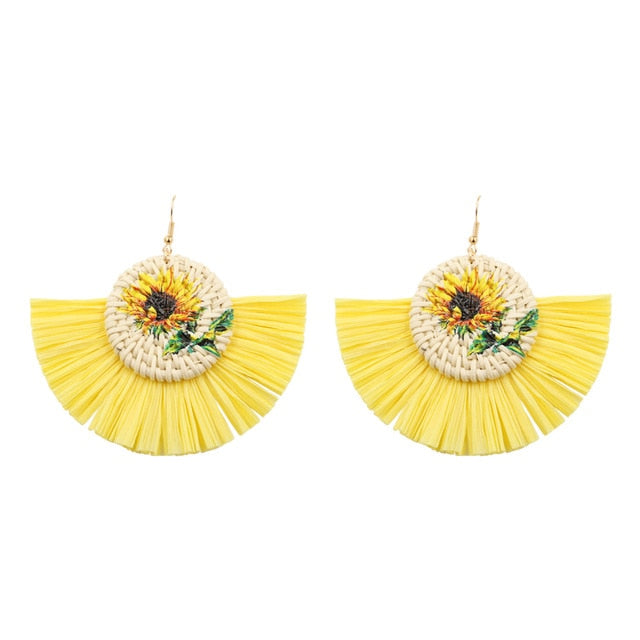 Cream and Yellow Sunflower Unicorn Wicker Hoop Fringe Earrings