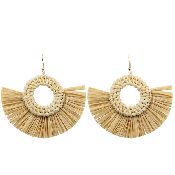 Cream Wicker Hoop Fringe Earrings