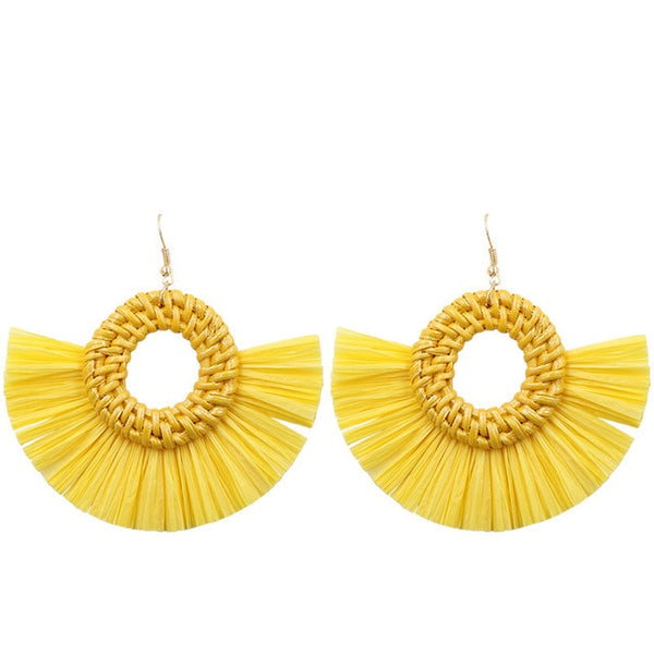 Yellow Wicker Hoop Fringe Earrings