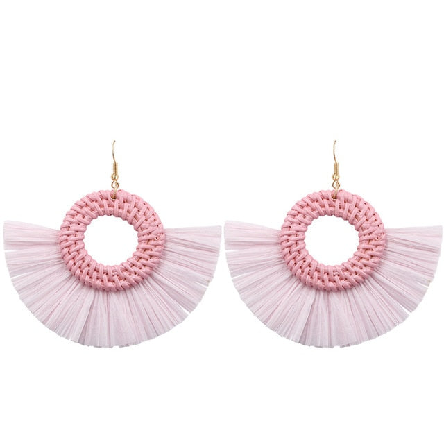 Light Pink Wicker Hoop Fringe Earrings