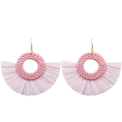 Light Pink Wicker Hoop Fringe Earrings