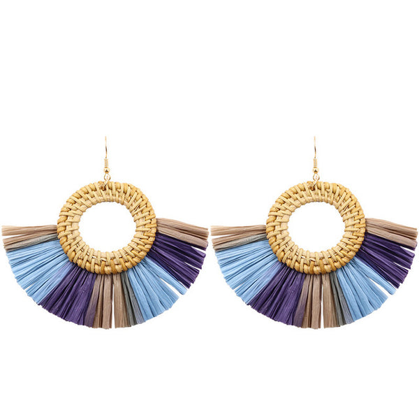 Cream Wicker Hoop and Blue Toned Fringe Earrings