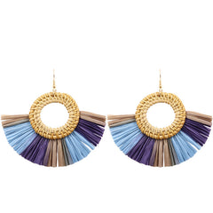 Cream Wicker Hoop and Blue Toned Fringe Earrings