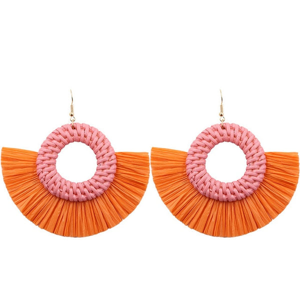 Orange Sunburst Wicker Hoop Fringe Earrings