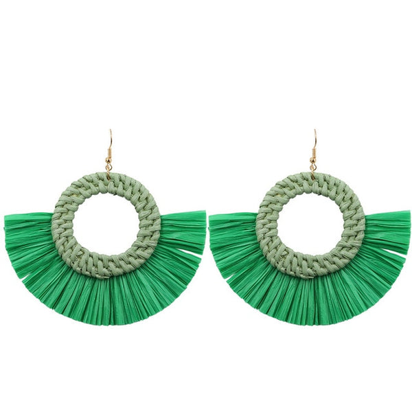 Emerald Wicker Hoop Fringe Earrings