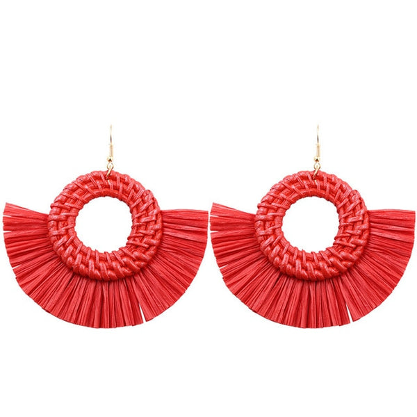 Red Wicker Hoop Fringe Earrings