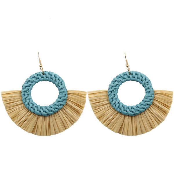 Teal Wicker Hoop Fringe Earrings