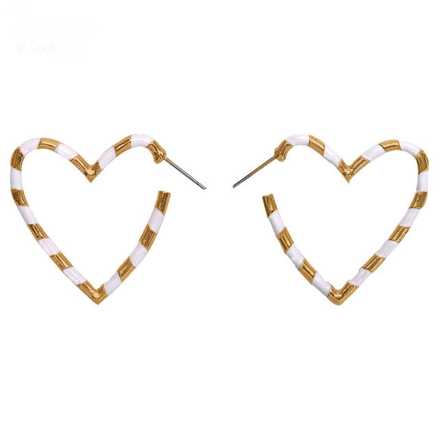 Summer White And Gold Swirl Heart Post Hoop Earrings