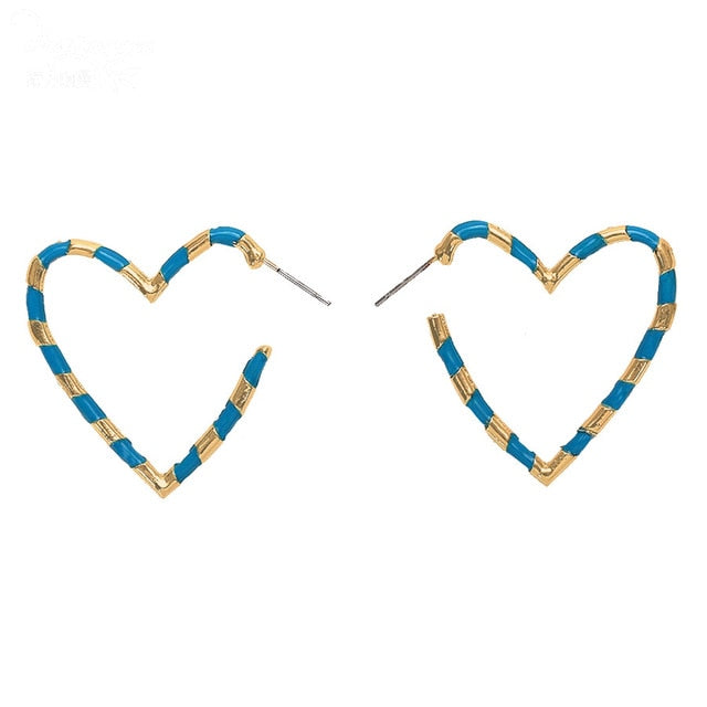 Summer Blue And Gold Swirl Heart Post Hoop Earrings