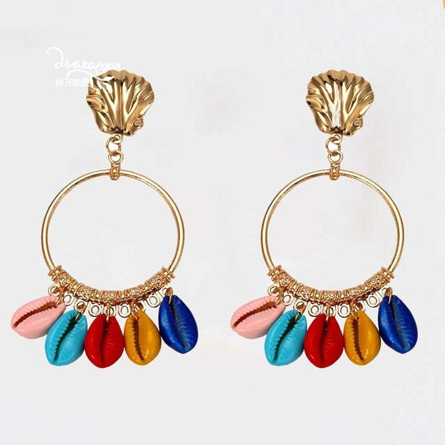 Summer Colorful Sea Shell And Gold Hoop Post Earrings