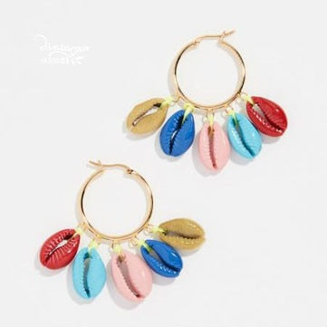 Summer Colorful Sea Shell And Gold Hoop Post Earrings