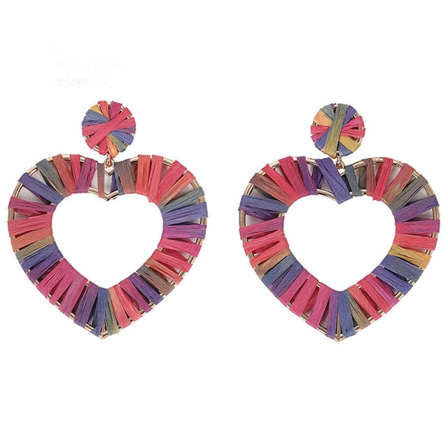 Summer Pink And Blue Heart Shape Fringe Wrapped Post Earrings