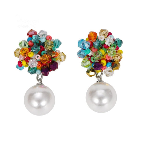 Summer Colorful Acrylic Beads And Pearl Post Drop Earrings