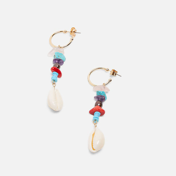 Summer Sea Shell And Acrylic Colorful Stone Hoop Post Earrings